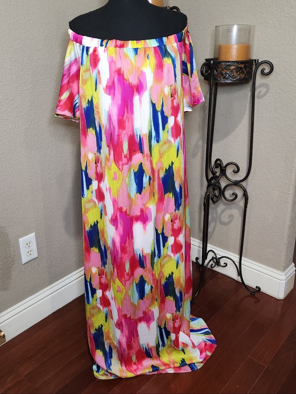Trina Turk Watercolor Off Shoulder Maxi Dress Bell Sleeve NWT Size M